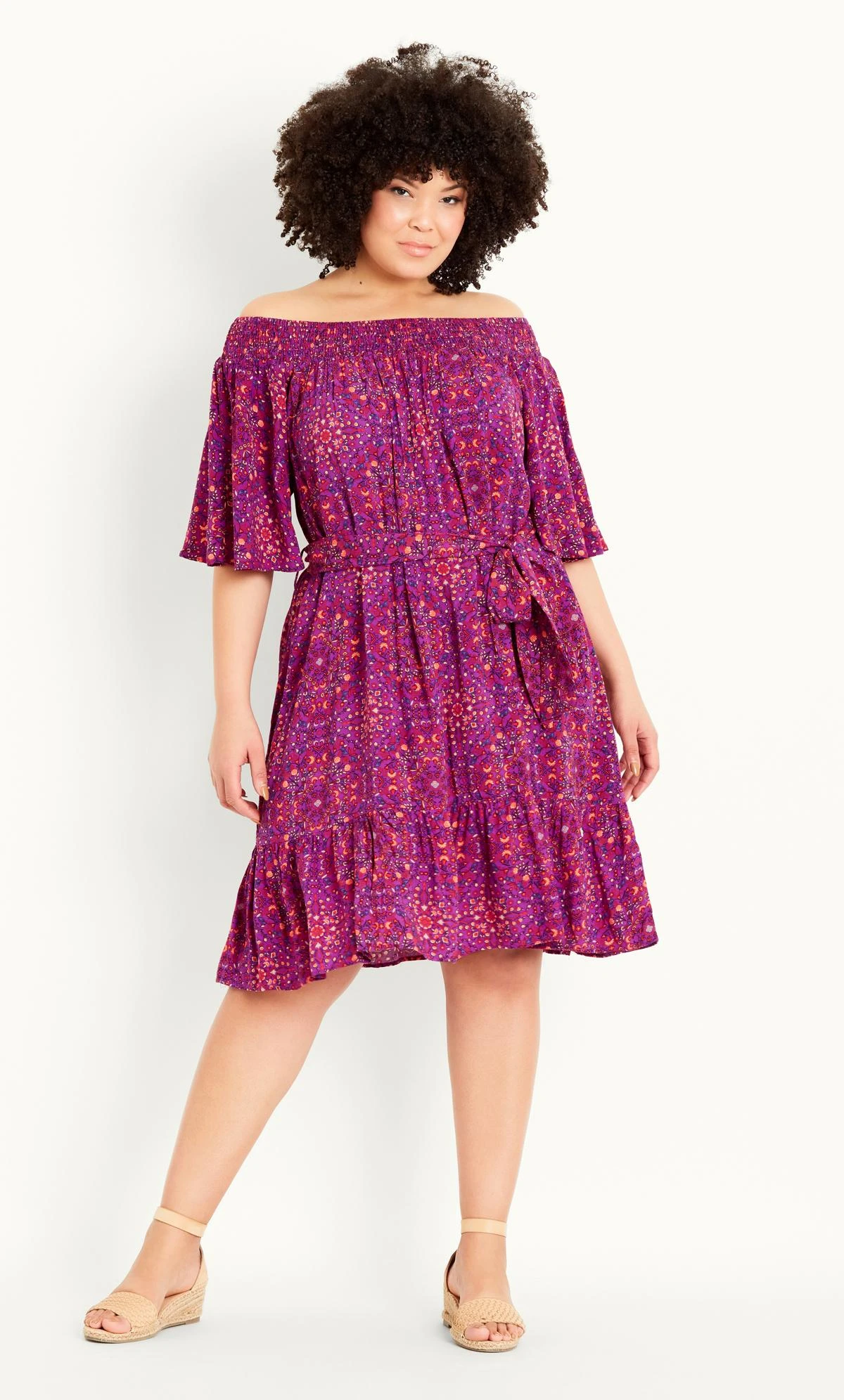Evans Purple Tile Print Bardot Mini Dress