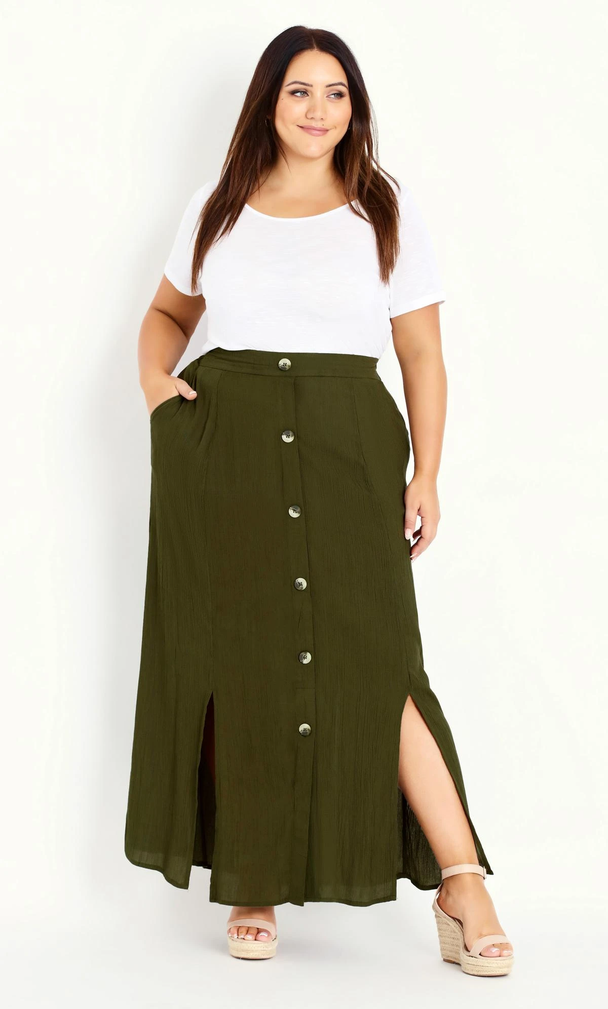 Evans Khaki Green Button Detail Maxi Skirt