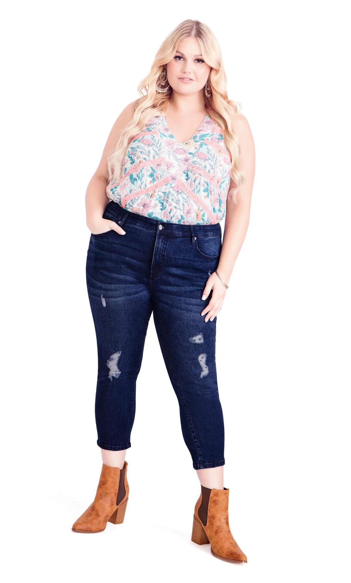 Avenue Blue Dark Wash Ripped Cropped Jeans