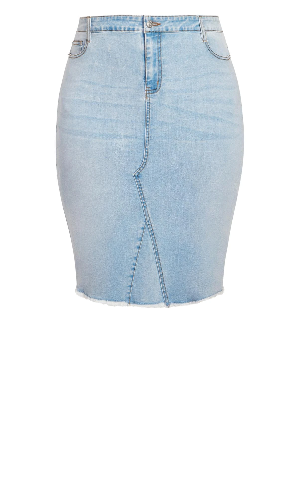 Avenue Blue Light Wash Raw Hem Denim Midi Skirt - Image 6