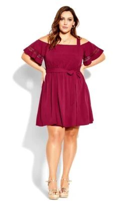 City Chic Red Trim Cold Shoulder Flutter Mini Dress