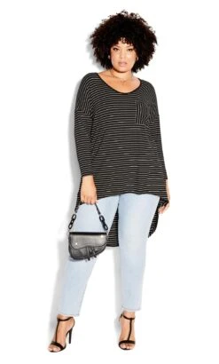City Chic CCX Black Stripe Print Dipped Hem Top