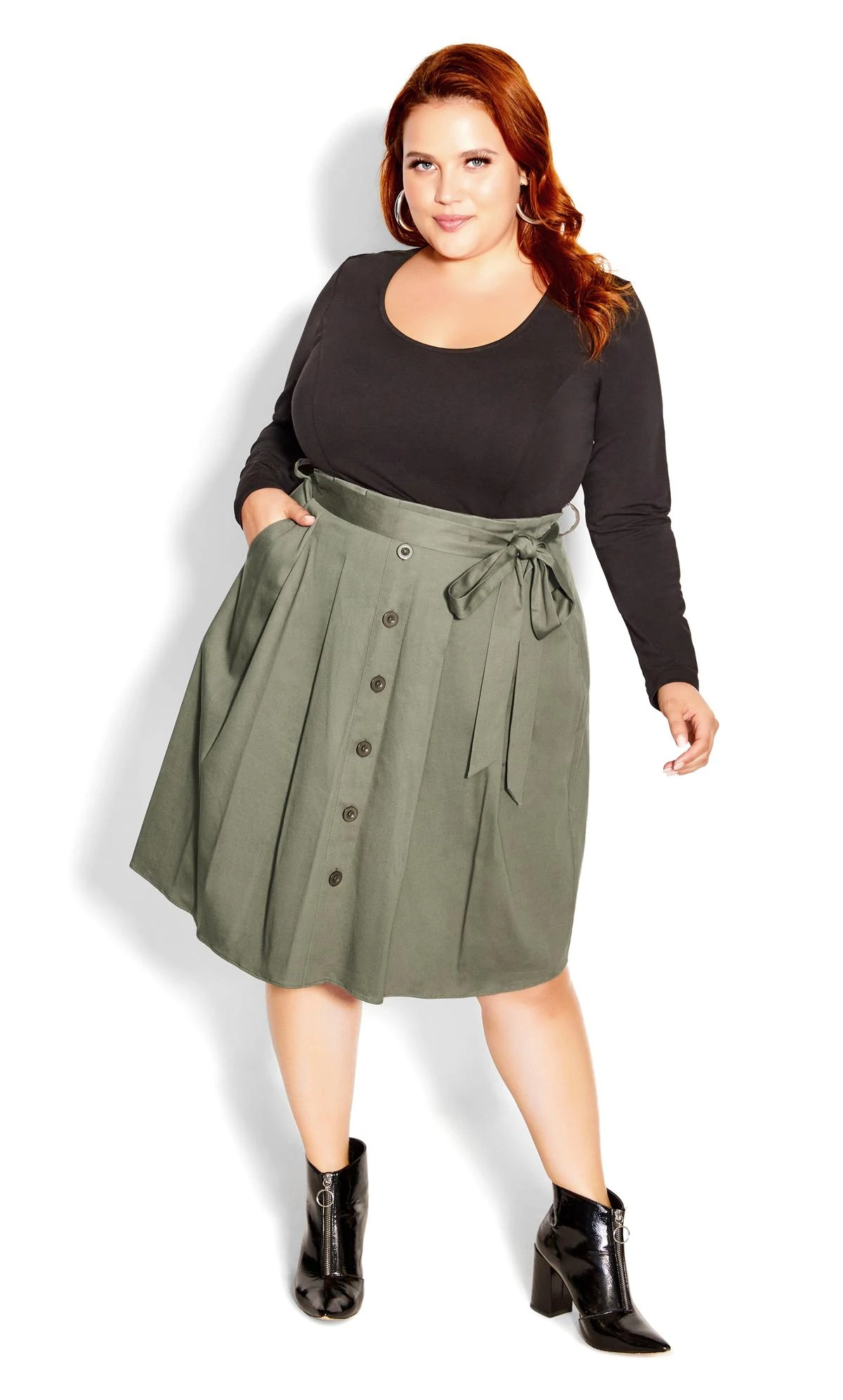 City Chic Sage Green Button Through Skirt