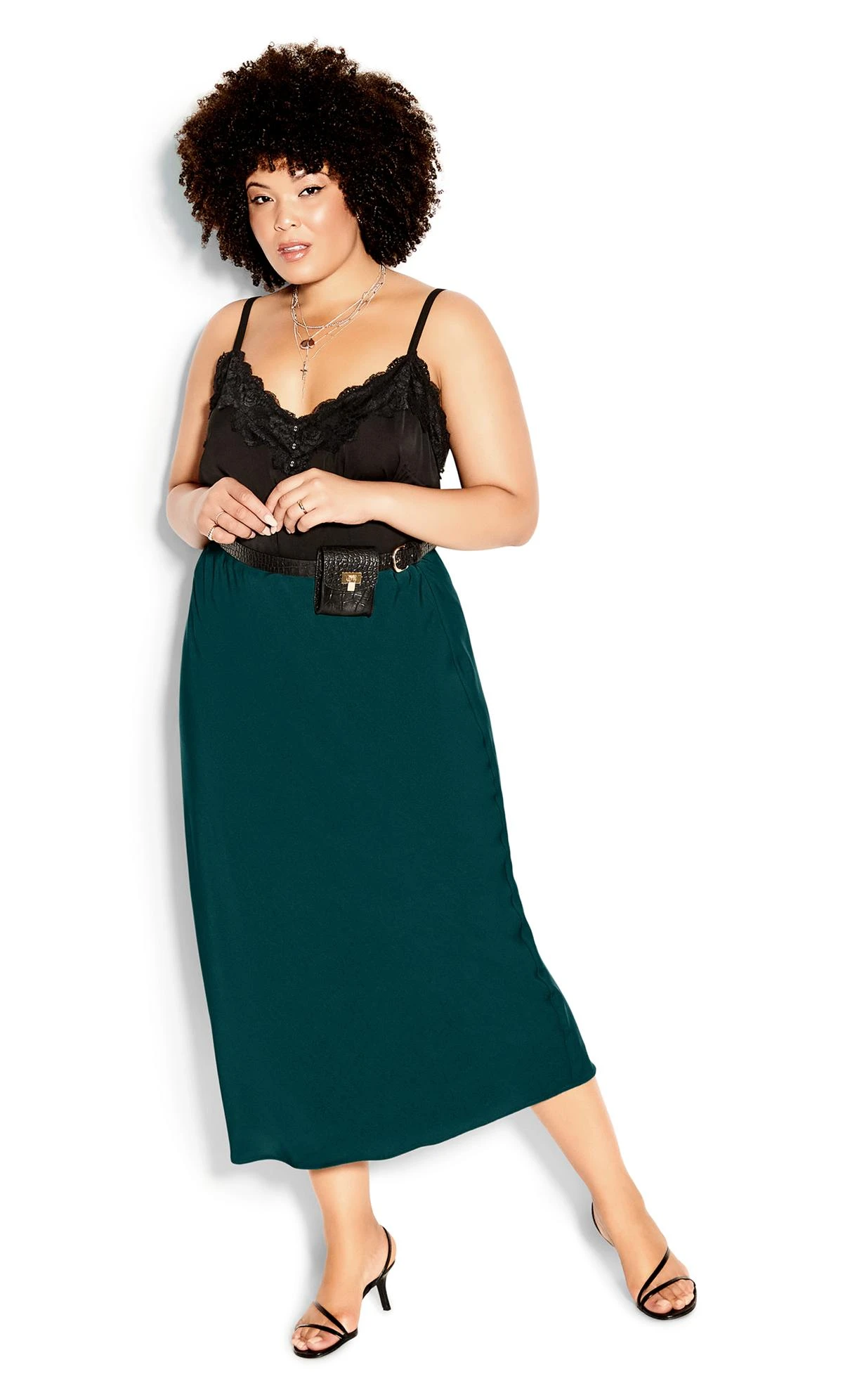 City Chic Green Satin Slip Skirt