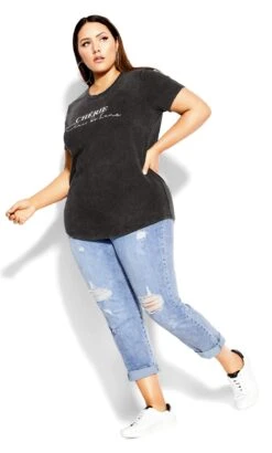 City Chic CCX Black Washed 'Cherie' Slogan T-Shirt