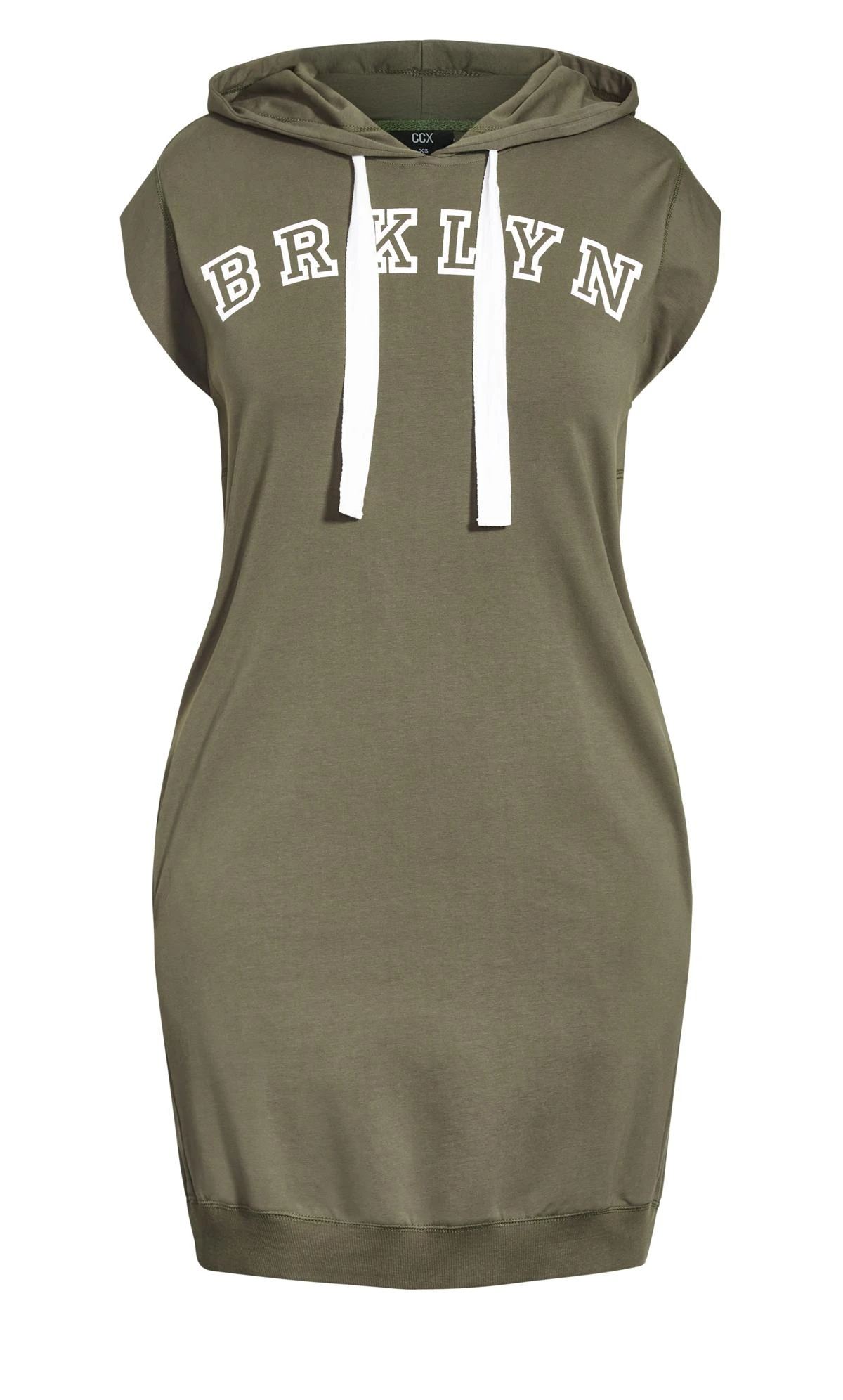 City Chic CCX Khaki Green 'Brklyn' Slogan Hoodie Dress - Image 4