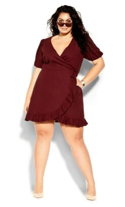 City Chic Burgundy Red Puff Sleeve Wrap Mini Dress
