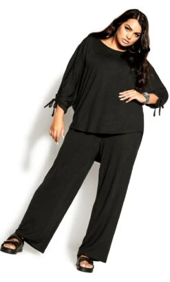 City Chic Black Ruched Tie Sleeve Top