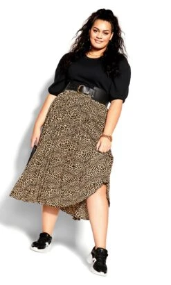 City Chic Brown Leopard Print Midi Skirt