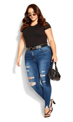 City Chic Blue Ripped Knee & Hem Skinny Jeans