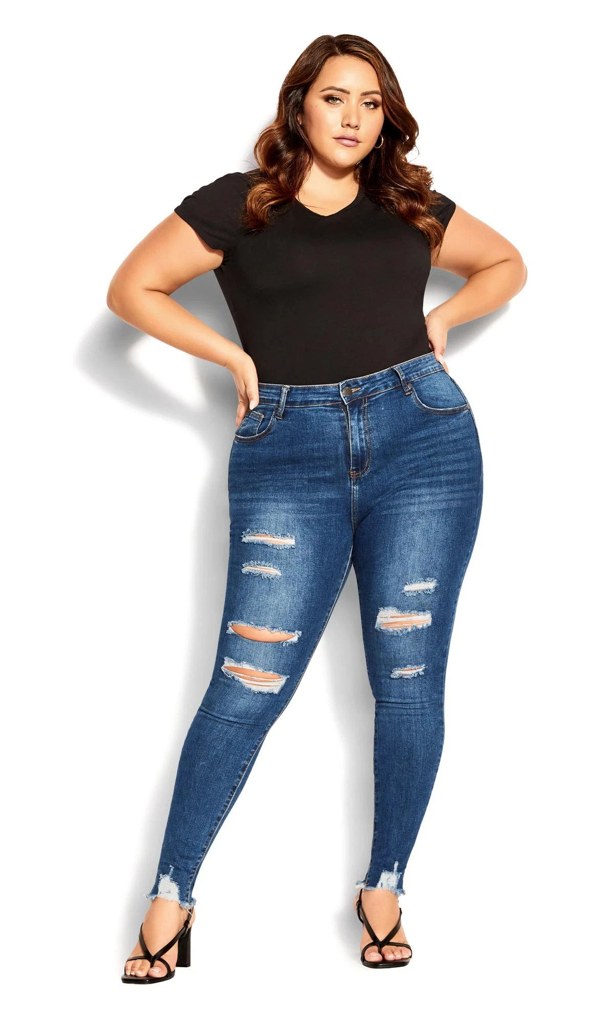 City Chic Blue Ripped Knee & Hem Skinny Jeans - Image 4