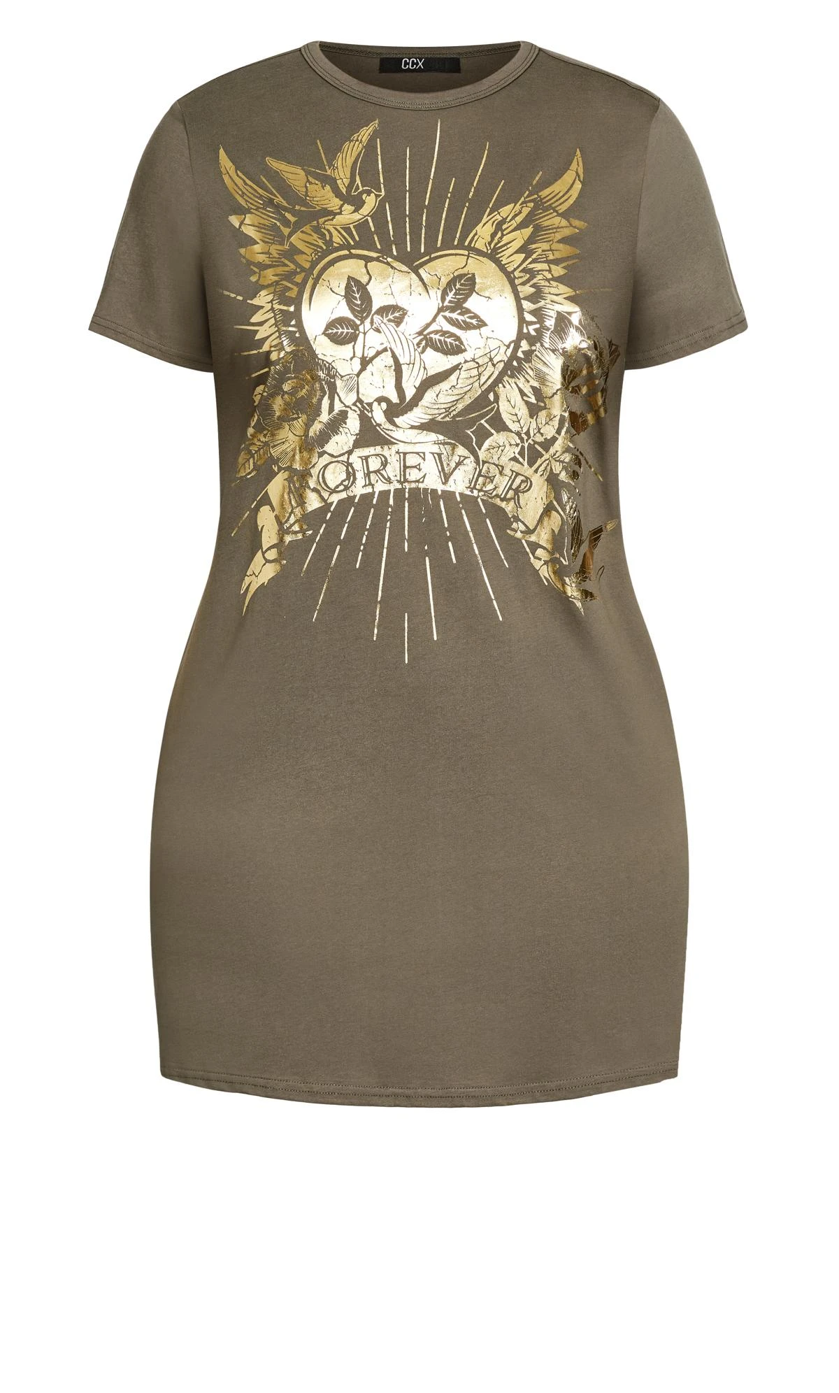 City Chic Brown Gold Grpahic Print Oversized T-Shirt Dress - Image 4
