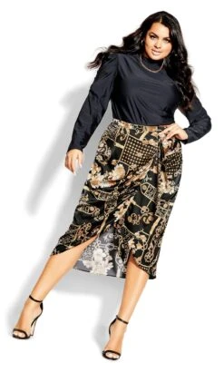 City Chic Black & Gold Mixed Print Midi Wrap Skirt