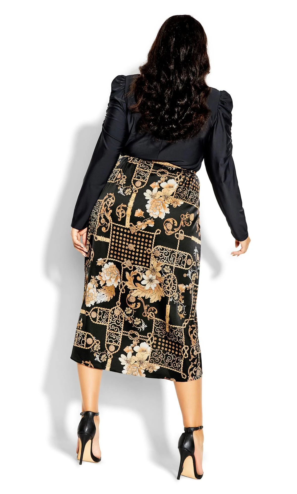 City Chic Black & Gold Mixed Print Midi Wrap Skirt - Image 3