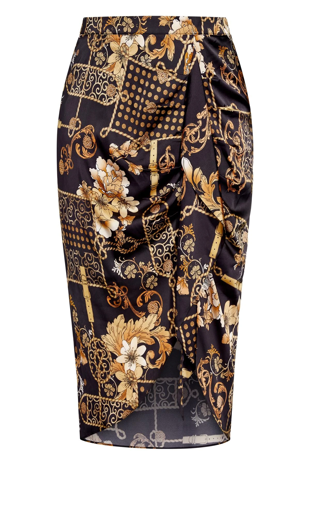 City Chic Black & Gold Mixed Print Midi Wrap Skirt - Image 7