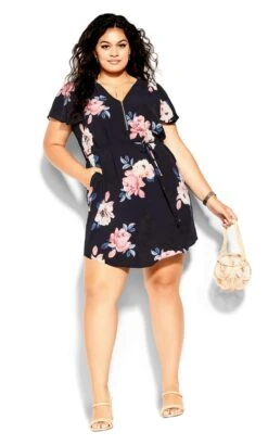 City Chic Navy Floral Dipped Hem Mini Dress