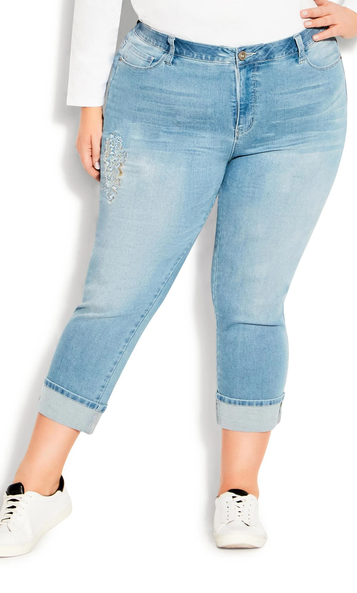 Avenue Light Blue Denim Embroidered Turn Up Cropped Jeans - Image 2