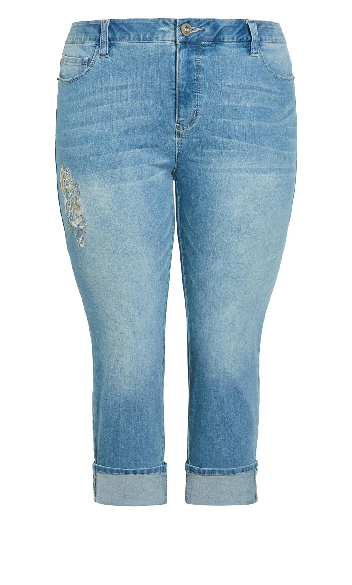 Avenue Light Blue Denim Embroidered Turn Up Cropped Jeans - Image 6