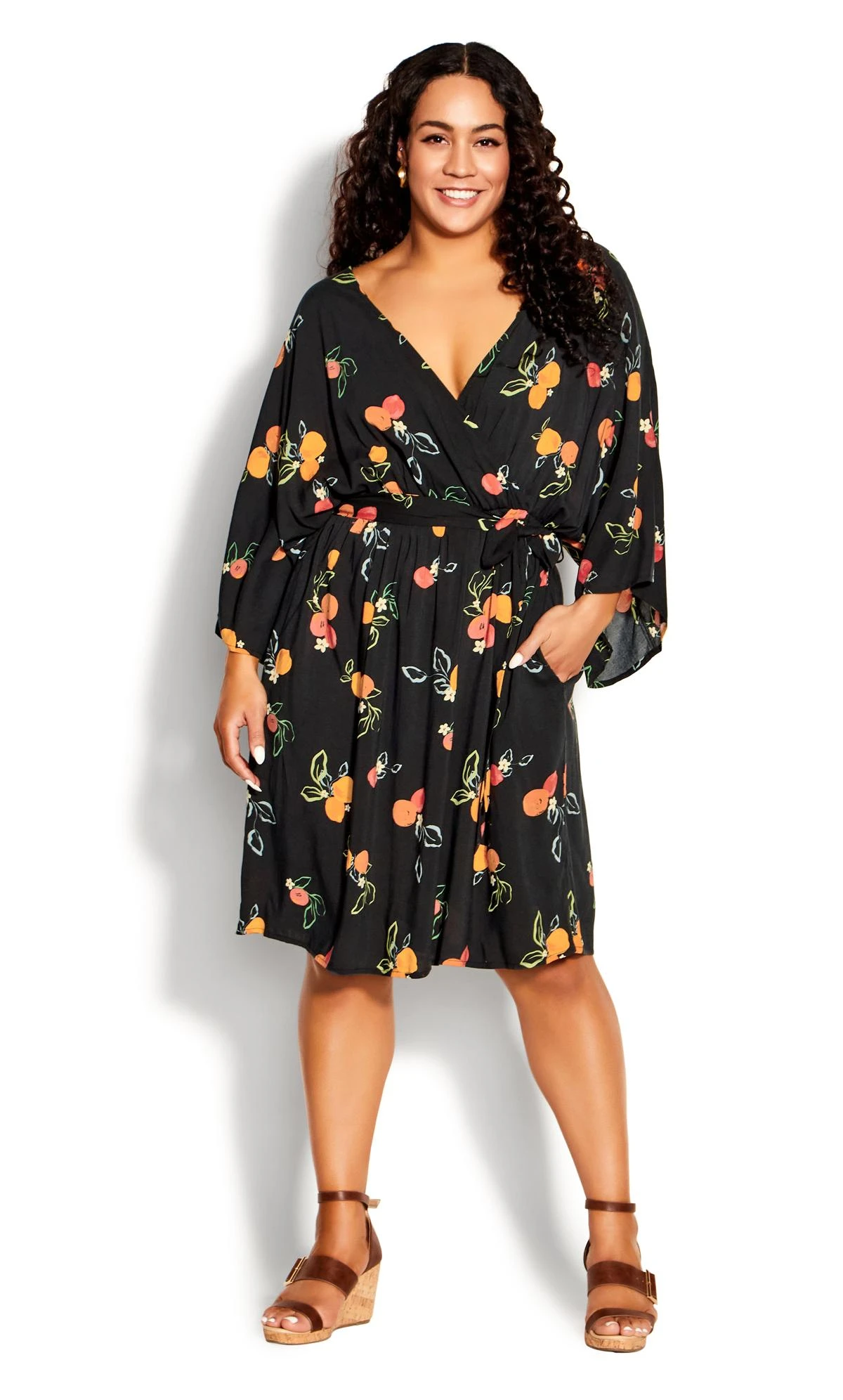 Avenue Loralette Orange Bead Print Wrap Mini Dress