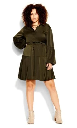 City Chic Khaki Green Satin Tiered Mini Dress