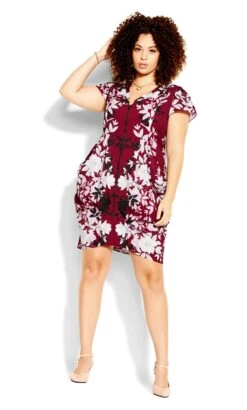 City Chic Burgundy Red Floral Zip Through Mini Dress
