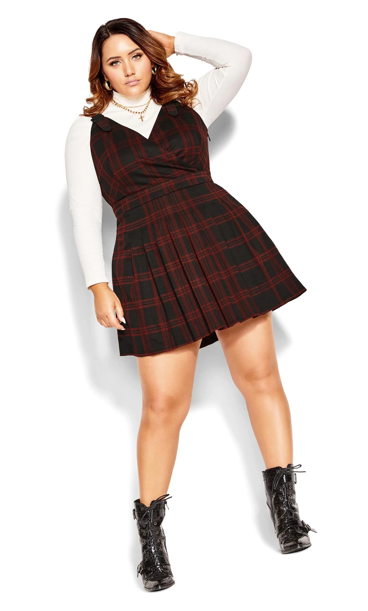 City Chic CCX Black & Red Pinafore Check Dress - Image 5