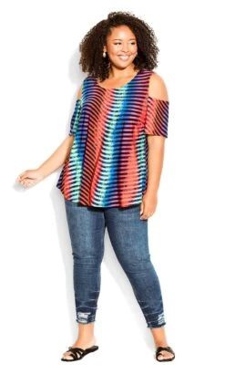 Avenue Black & Neon Stripe Cold Shoulder Top