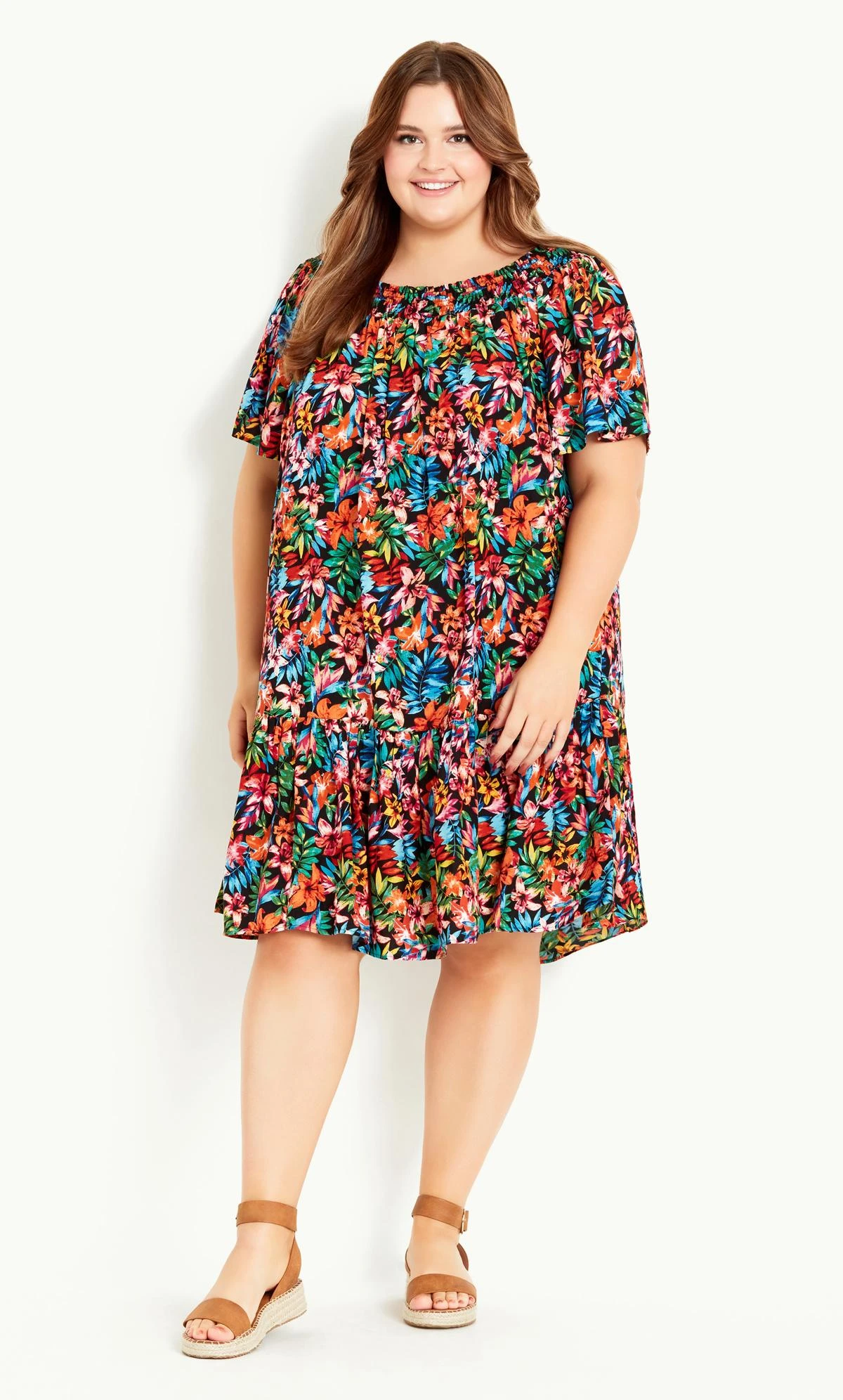 Evans Black Tropical Floral Smock Dress
