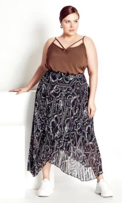 City Chic Black Tribal Print Pleated Maxi Skirt