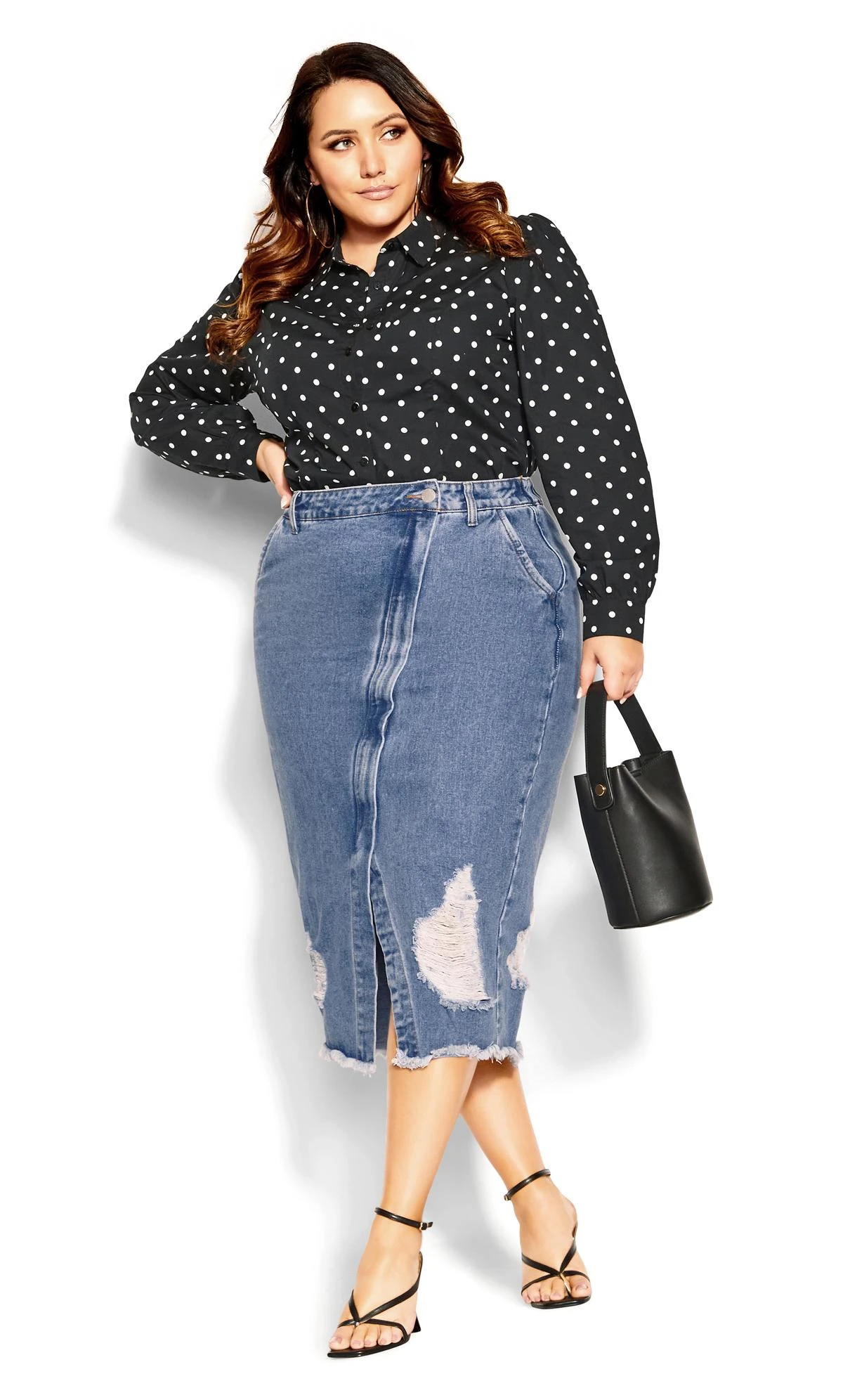 City Chic Black Denim Midi Skirt