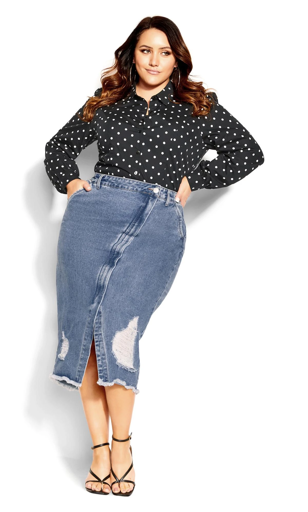 City Chic Black Denim Midi Skirt - Image 3