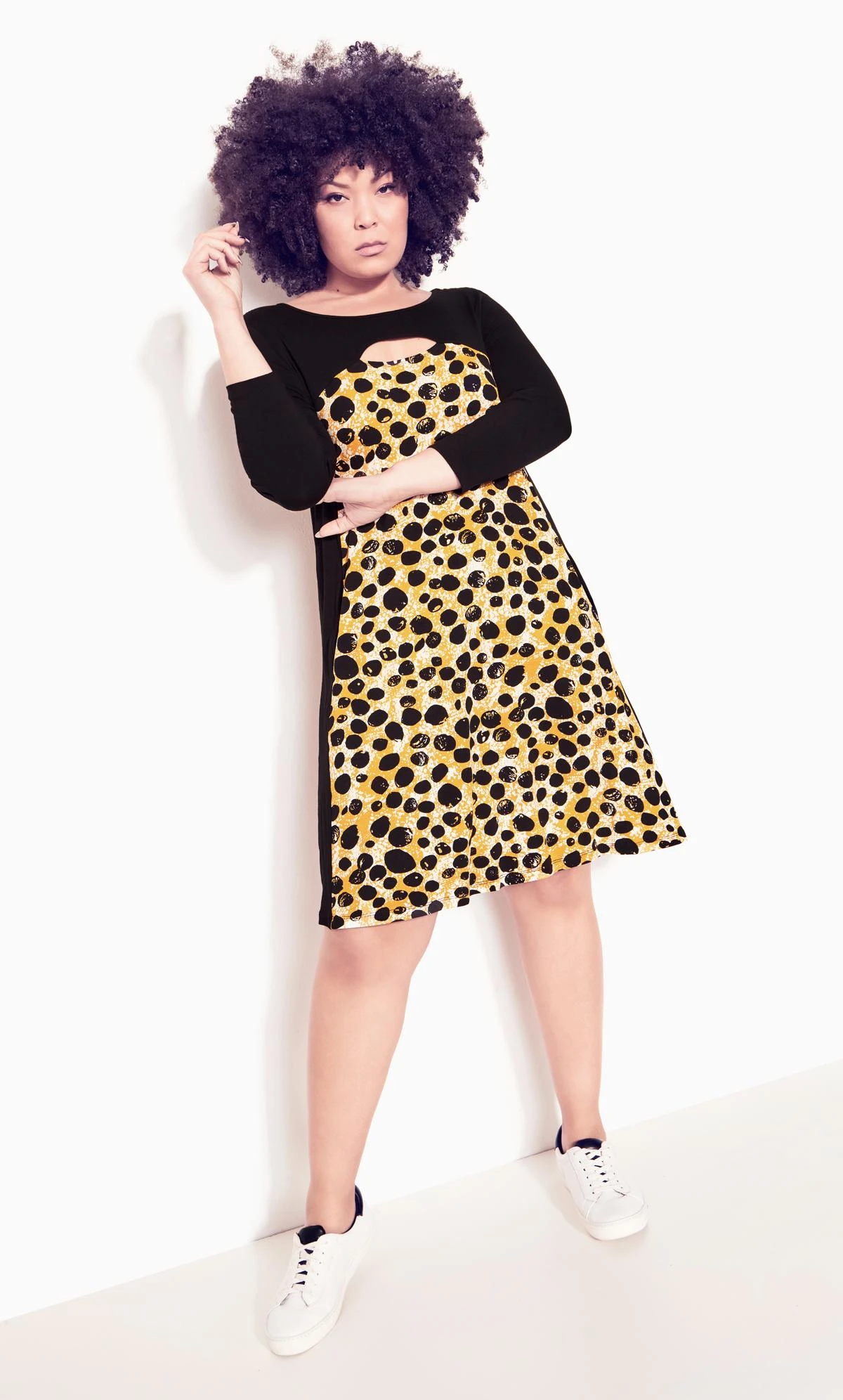 City Chic Zim & Zoe Black & Yellow Animal Print Cut Out Dress