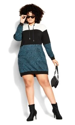 City Chic Teal Green Animal Print Hoodie Dress