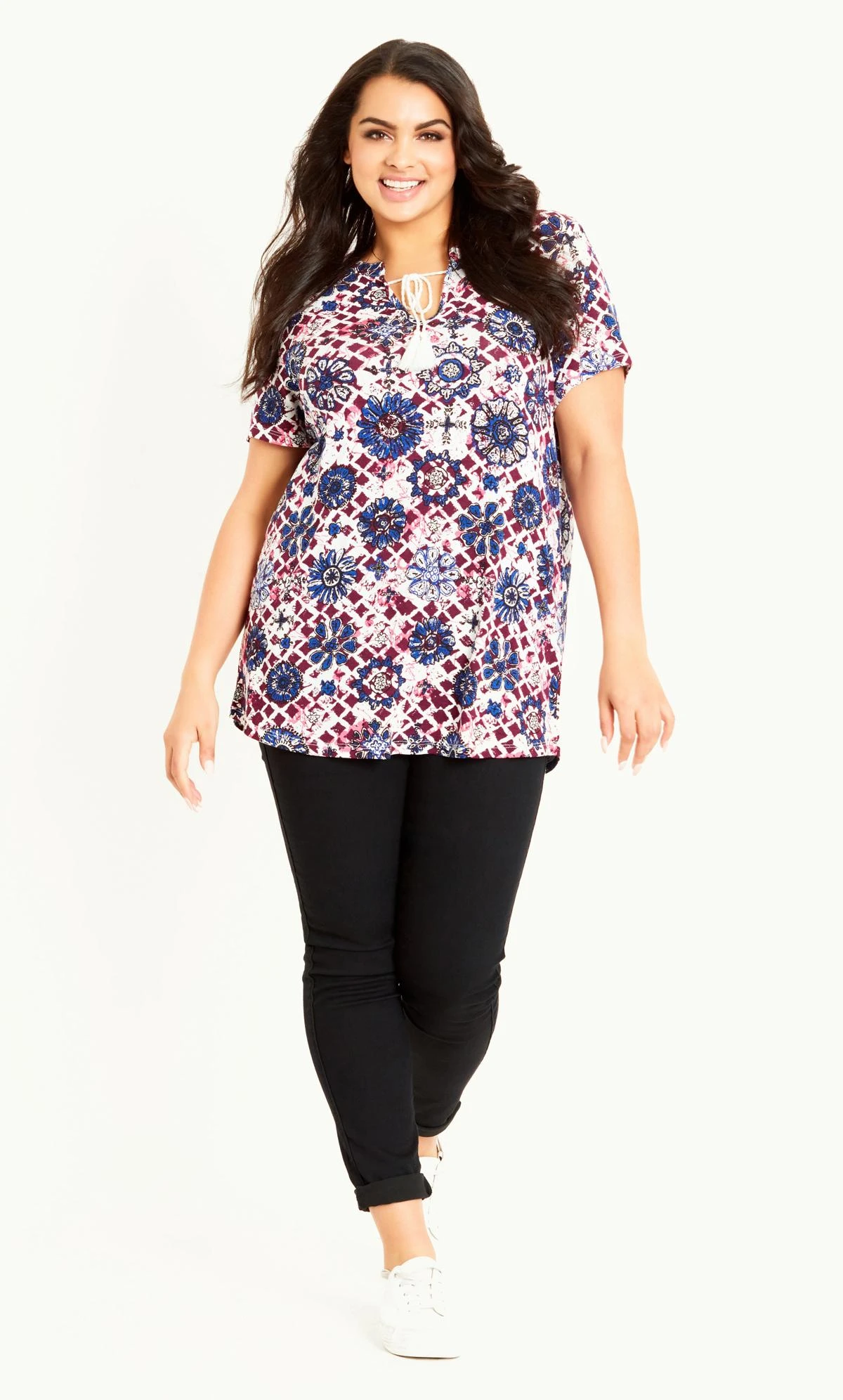 Evans Red & Blue Floral Print Tie Neck T-Shirt - Image 3