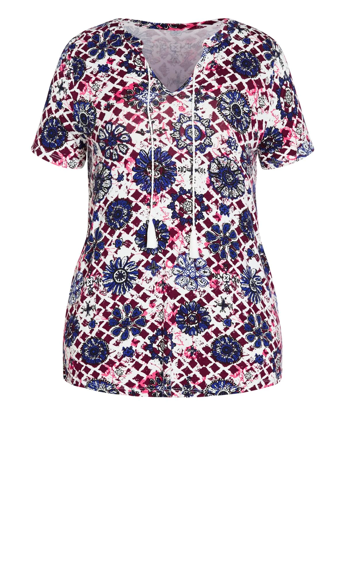 Evans Red & Blue Floral Print Tie Neck T-Shirt - Image 5