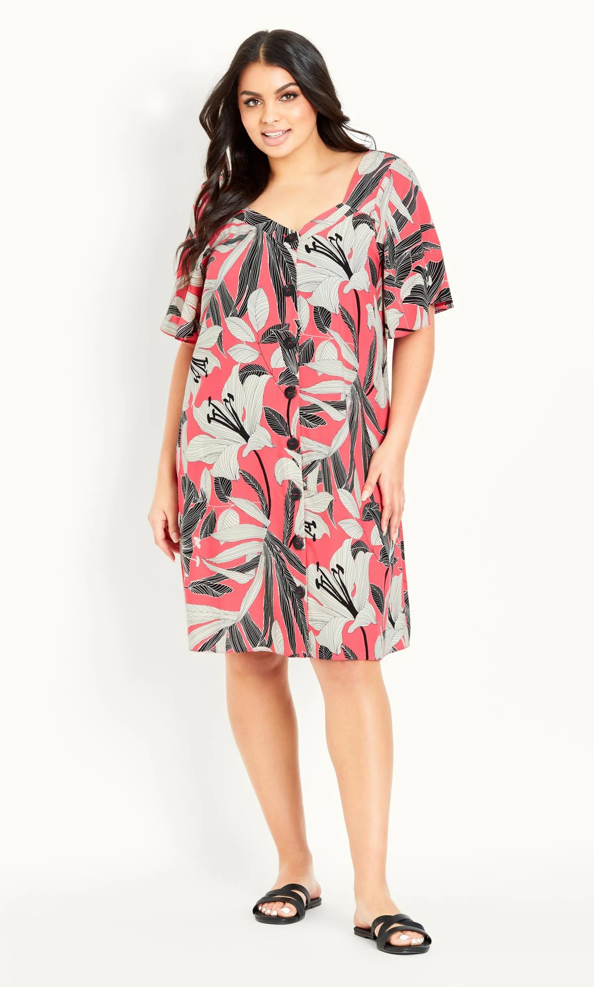 Evans Pink Button Through Tropical Dress