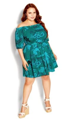 City Chic Teal Green Tropical Print Bardot Mini Dress
