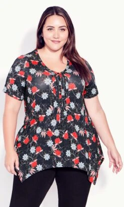 Evans Navy & Red Floral Hanky Hem Top
