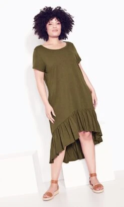 City Chic Zim & Zoe Green Ella Ruffle Plain Dress