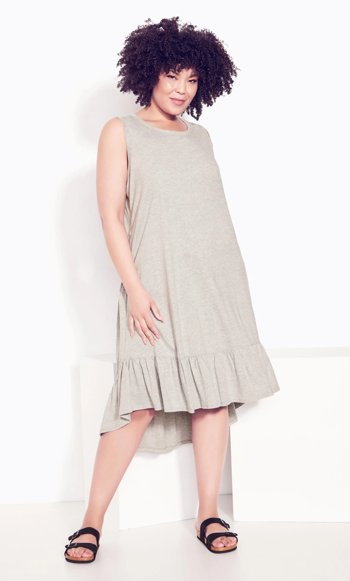 Avenue Grey Sleeveless Dipped Smock Hem Midi Dress
