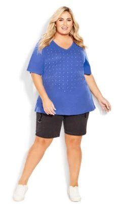 Avenue Blue Studded V-Neck T-Shirt