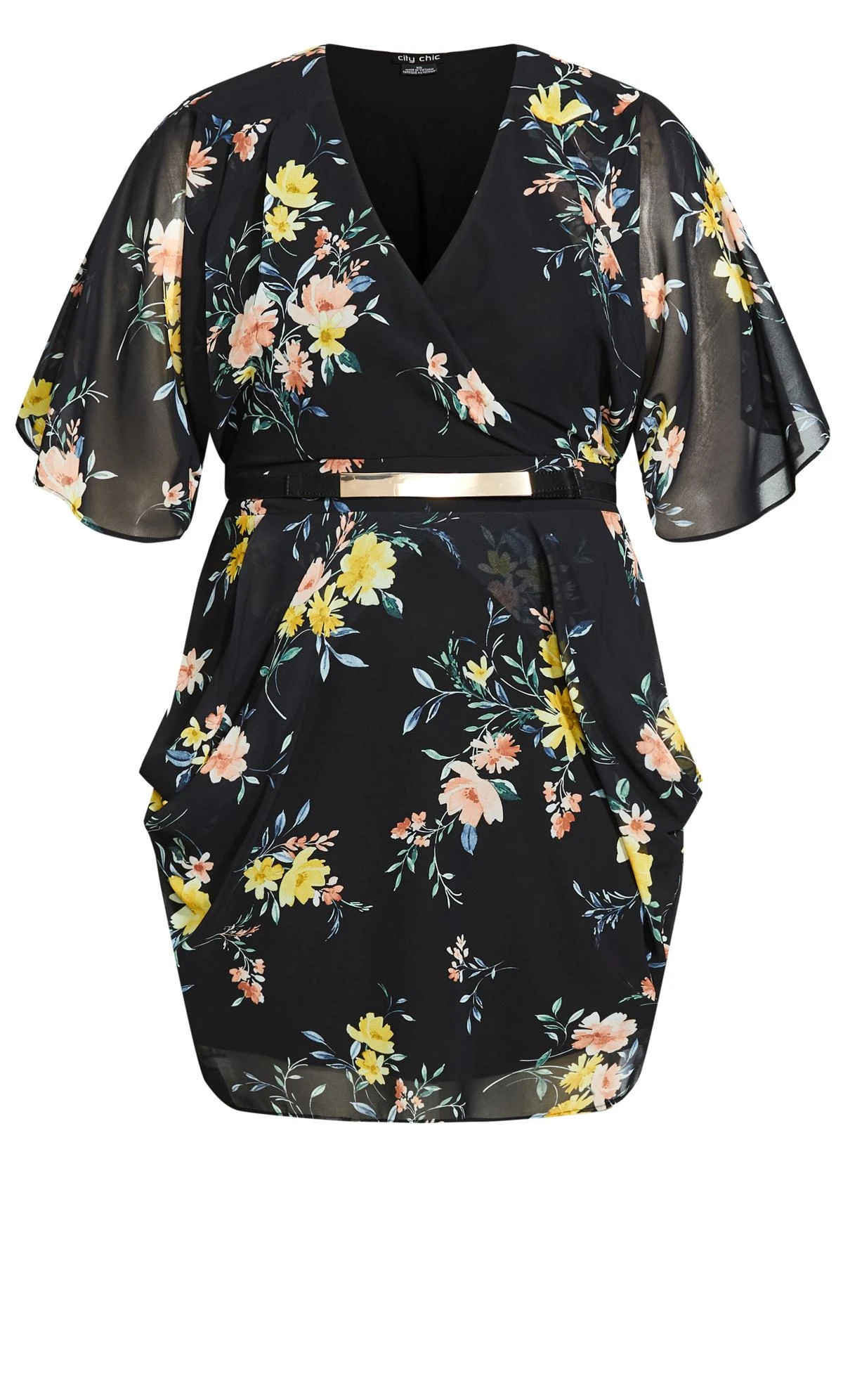 City Chic Black Floral Mini Wrap Dress - Image 5