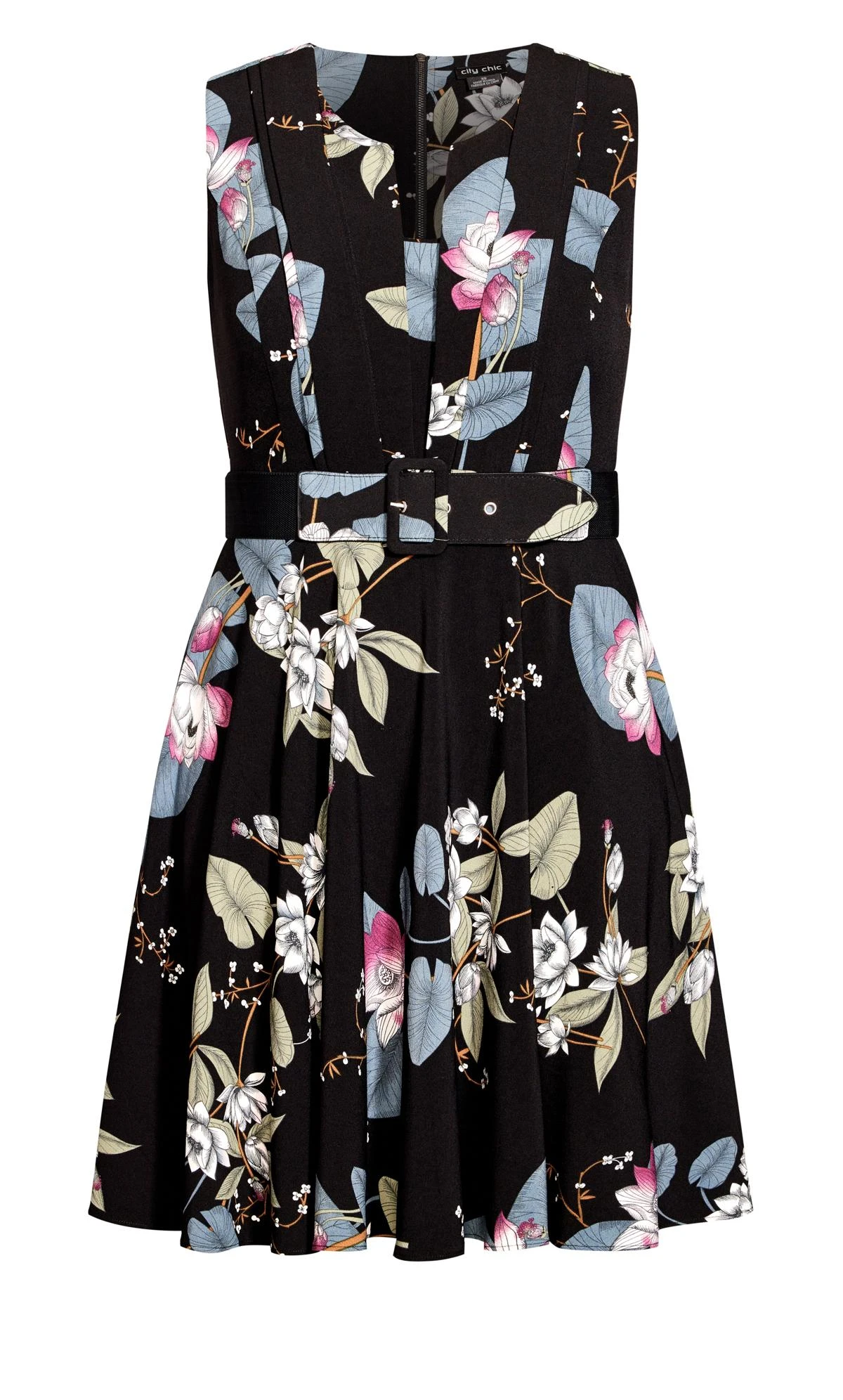 City Chic Black Floral Print Belted Midi Dress - Image 3