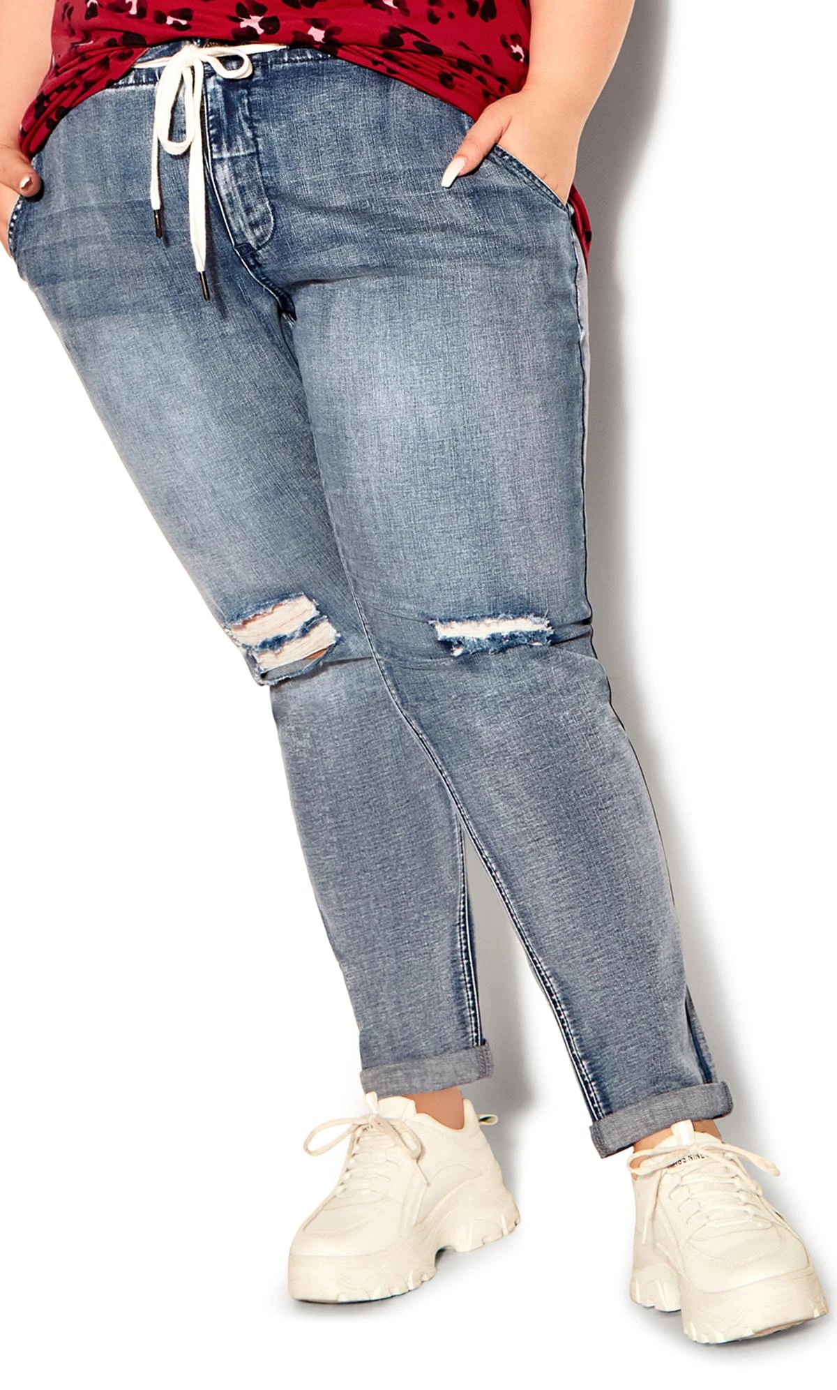 Avenue Blue Washed Distressed Drawstring Jeans - Image 4