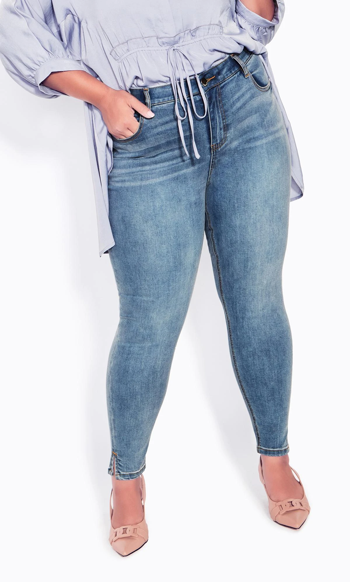 Avenue Light Blue Wash Split Hem Skinny Jeans - Image 2