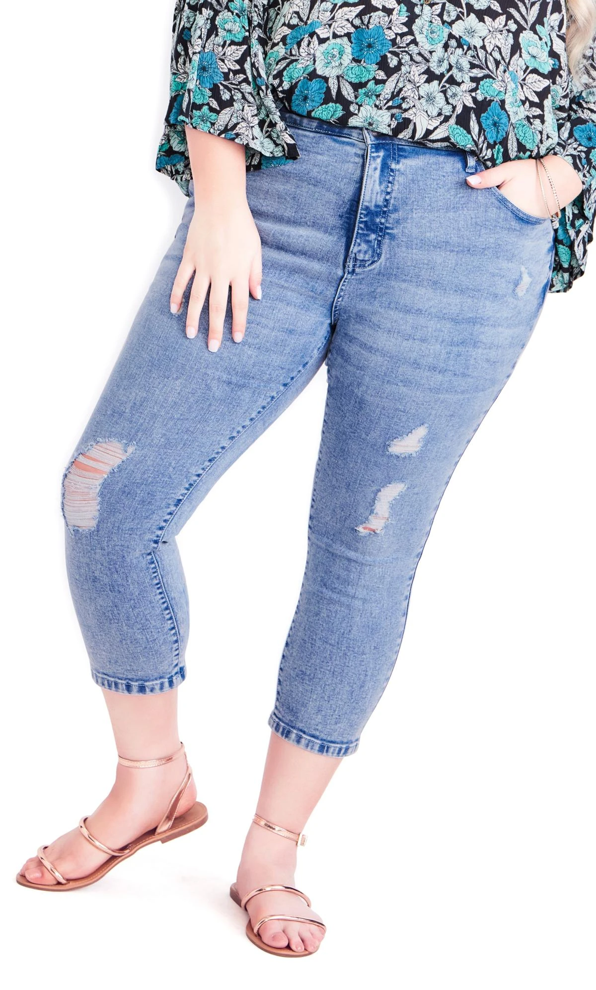 Avenue Blue Mid Wash Ripped Cropped Jeans - Image 3