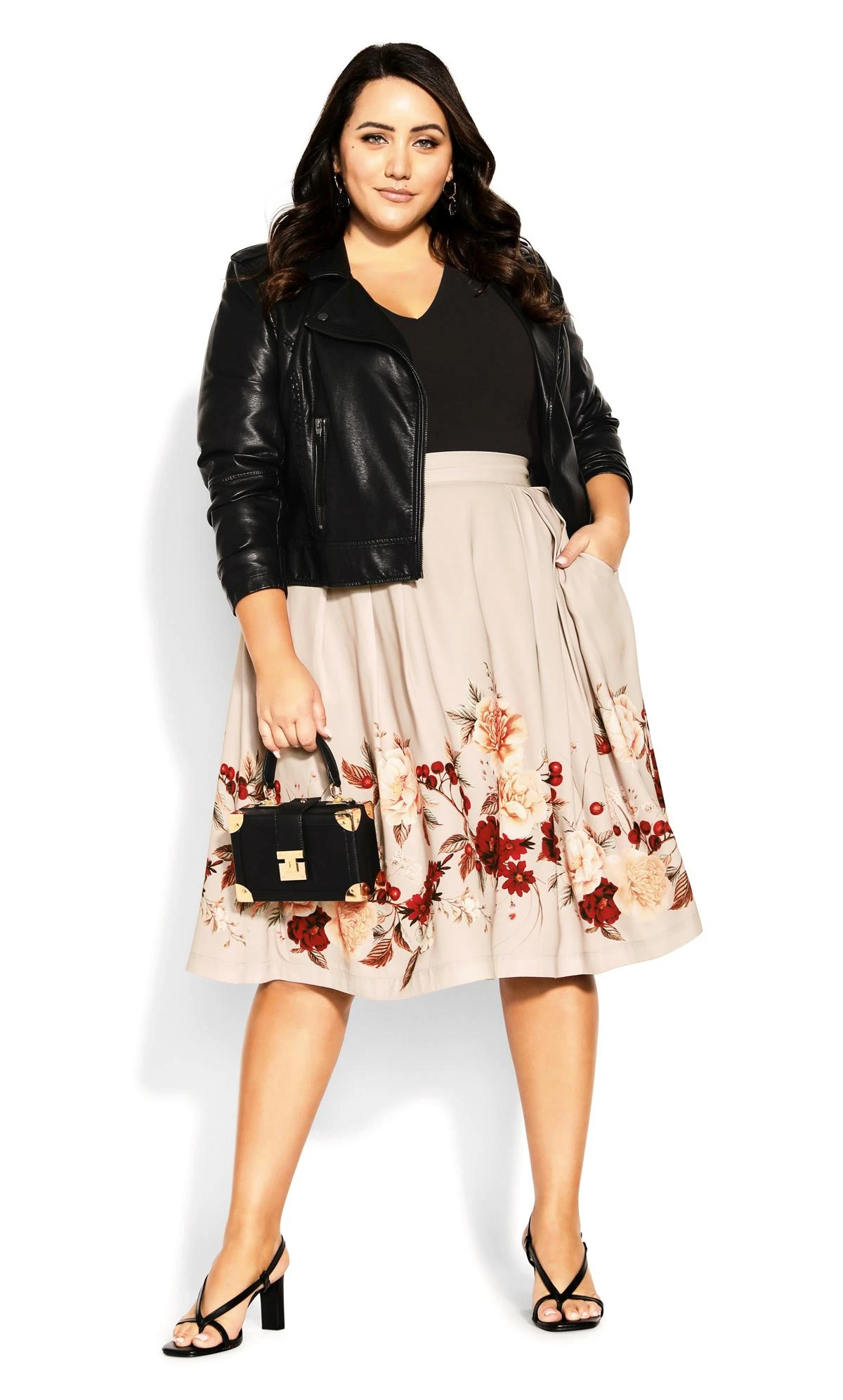 City Chic Pink Floral Border Print Midi Skirt - Image 3