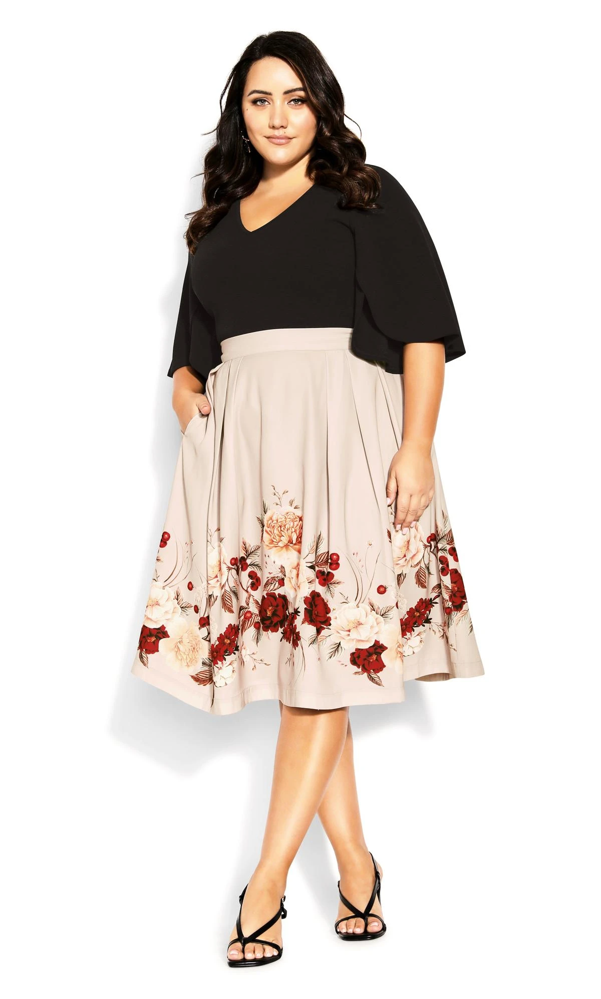 City Chic Pink Floral Border Print Midi Skirt