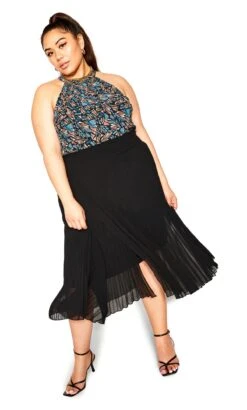 City Chic Black Pleated Chiffon Midi Skirt