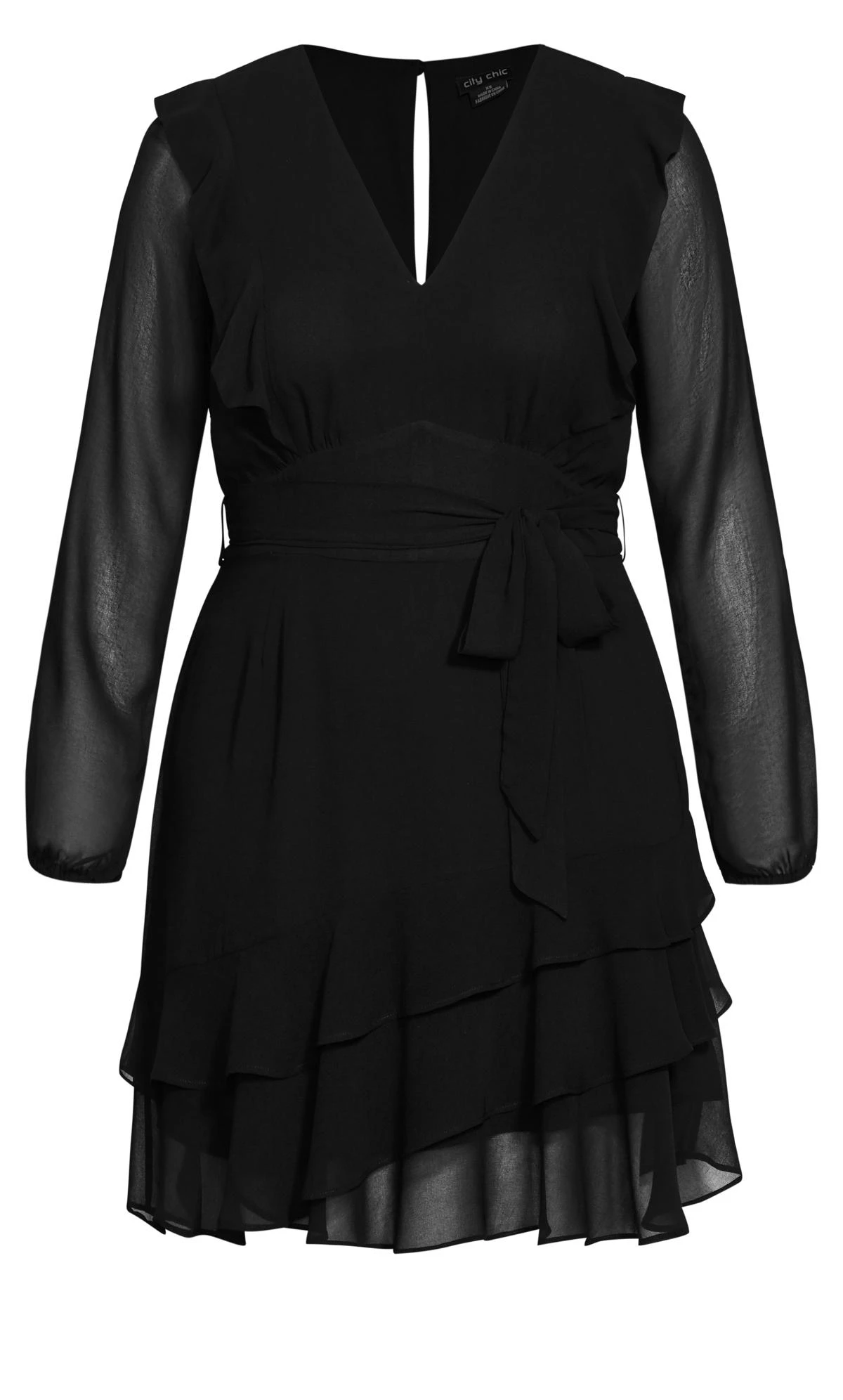 City Chic Black Frill Hem Tie Waist Mini Dress - Image 4